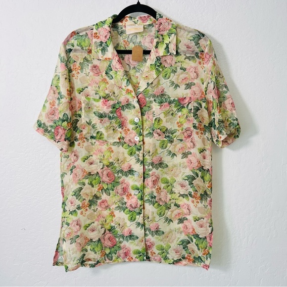 Vintage Tops - Vintage Geiger Floral Rose Boxy Sheer Button Up Blouse